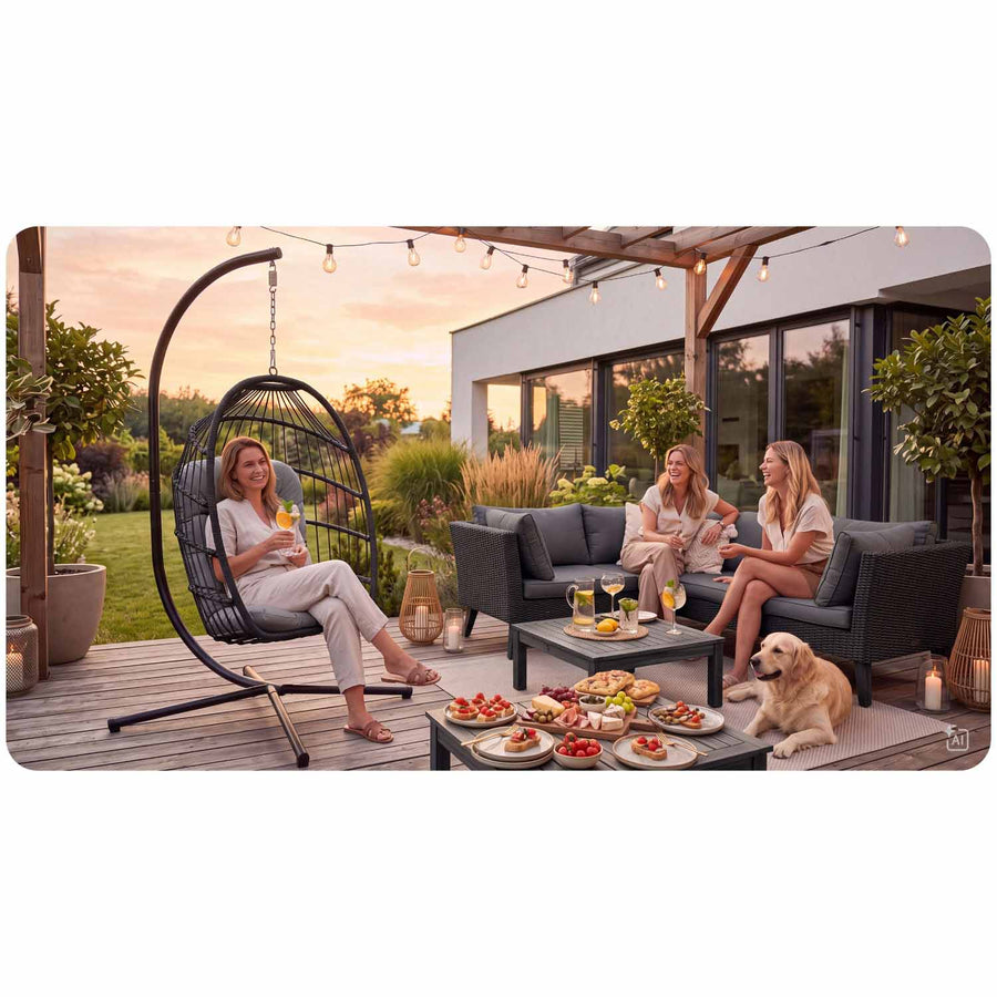 Hængestol med stel til have og terrasse, kurv 108 × 73 cm, 17 cm hynde, op til 140 kg – sort kurv, grå hynde