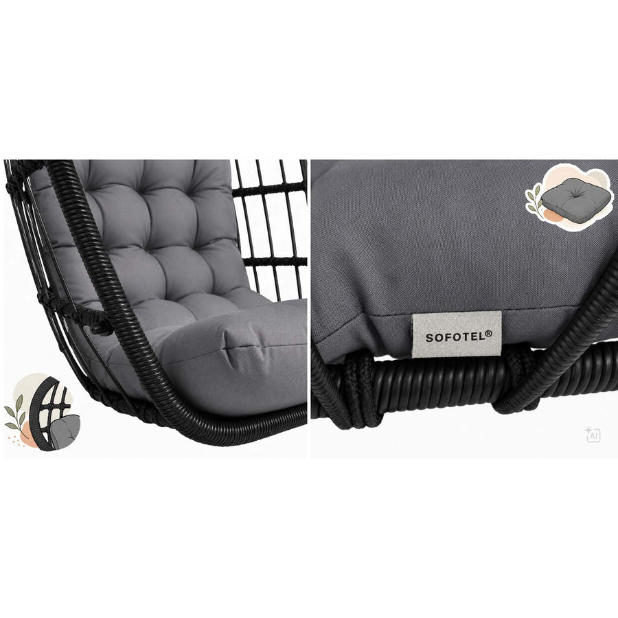 Hængestol med stel til have og terrasse, kurv 108 × 73 cm, 17 cm hynde, op til 140 kg – sort kurv, grå hynde