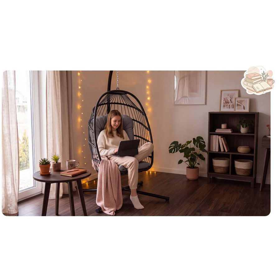 Hængestol med stel til have og terrasse, kurv 108 × 73 cm, 17 cm hynde, op til 140 kg – sort kurv, grå hynde