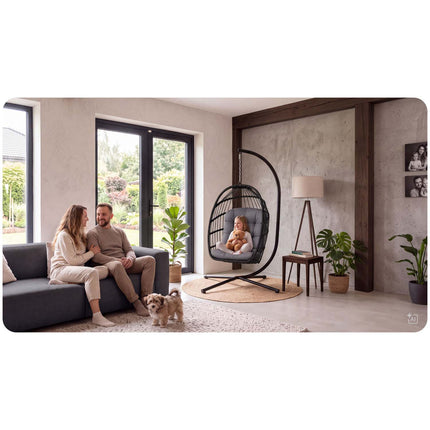 Hængestol med stel til have og terrasse, kurv 108 × 73 cm, 17 cm hynde, op til 140 kg – sort kurv, grå hynde