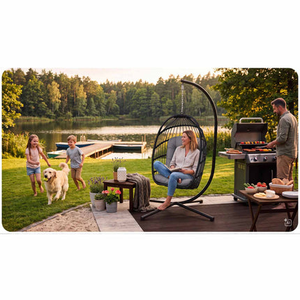 Hængestol med stel til have og terrasse, kurv 108 × 73 cm, 17 cm hynde, op til 140 kg – sort kurv, grå hynde