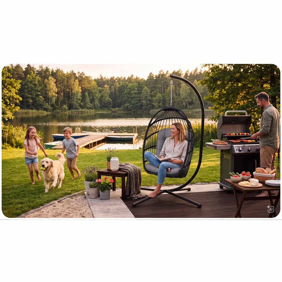 Hængestol med stel til have og terrasse, kurv 108 × 73 cm, 17 cm hynde, op til 140 kg – sort kurv, grå hynde