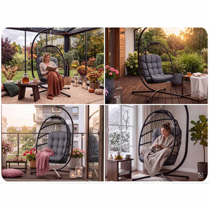 Hængestol med stel til have og terrasse, kurv 108 × 73 cm, 17 cm hynde, op til 140 kg – sort kurv, grå hynde
