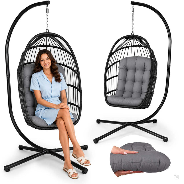 Hængestol med stel til have og terrasse, kurv 108 × 73 cm, 17 cm hynde, op til 140 kg – sort kurv, grå hynde