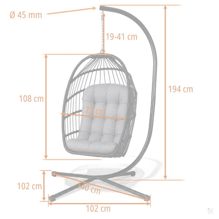 Hængestol med stel til have og terrasse, kurv 108 × 73 cm, 17 cm hynde, op til 140 kg – sort kurv, grå hynde