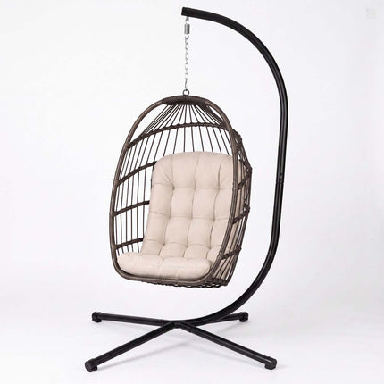 Hængestol med stel til have og terrasse, kurv 108 × 73 cm, 17 cm hynde, op til 140 kg – brun kurv, beige hynde