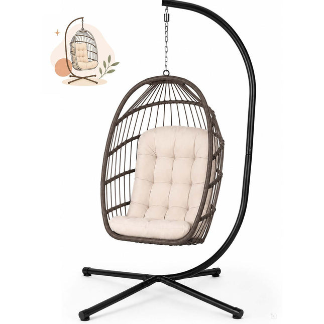 Hængestol med stel til have og terrasse, kurv 108 × 73 cm, 17 cm hynde, op til 140 kg – brun kurv, beige hynde