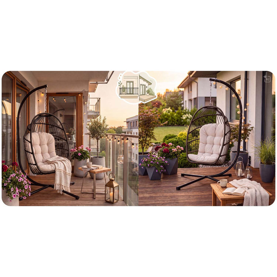 Hængestol med stel til have og terrasse, kurv 108 × 73 cm, 17 cm hynde, op til 140 kg – brun kurv, beige hynde