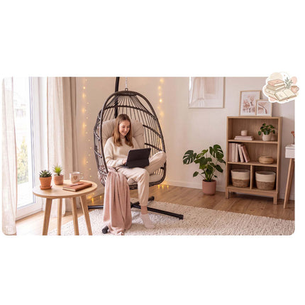 Hængestol med stel til have og terrasse, kurv 108 × 73 cm, 17 cm hynde, op til 140 kg – brun kurv, beige hynde