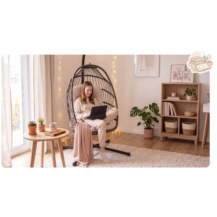 Hængestol med stel til have og terrasse, kurv 108 × 73 cm, 17 cm hynde, op til 140 kg – brun kurv, beige hynde