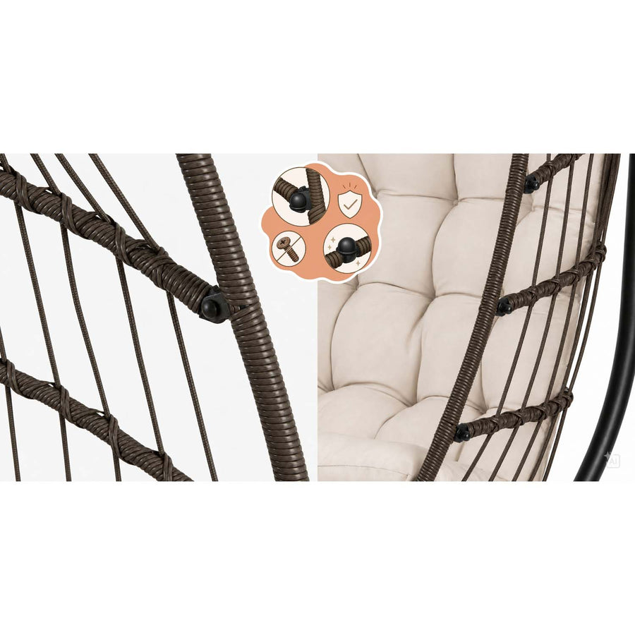 Hængestol med stel til have og terrasse, kurv 108 × 73 cm, 17 cm hynde, op til 140 kg – brun kurv, beige hynde