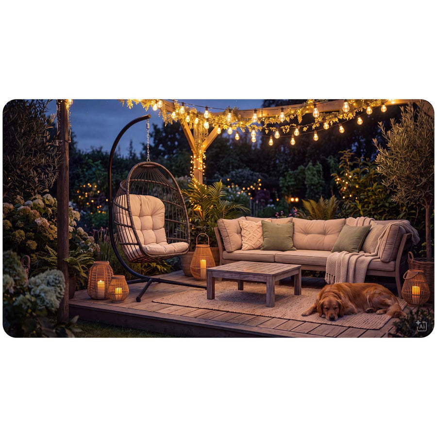 Hængestol med stel til have og terrasse, kurv 108 × 73 cm, 17 cm hynde, op til 140 kg – brun kurv, beige hynde