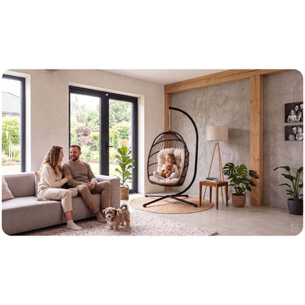 Hængestol med stel til have og terrasse, kurv 108 × 73 cm, 17 cm hynde, op til 140 kg – brun kurv, beige hynde