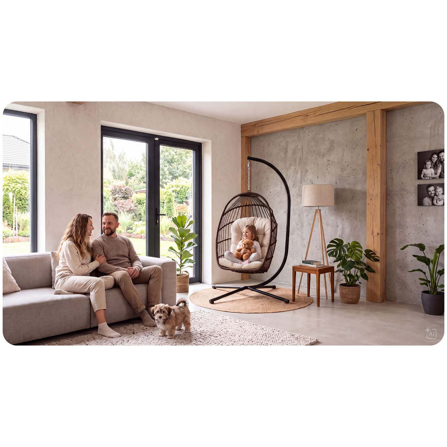Hængestol med stel til have og terrasse, kurv 108 × 73 cm, 17 cm hynde, op til 140 kg – brun kurv, beige hynde