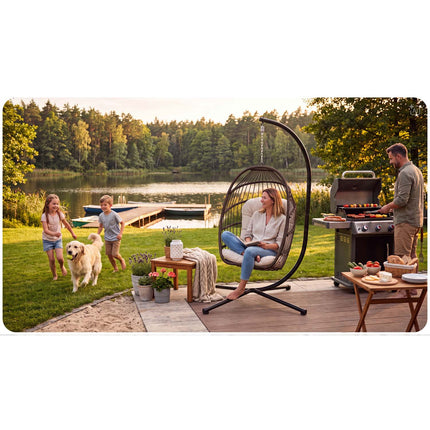 Hængestol med stel til have og terrasse, kurv 108 × 73 cm, 17 cm hynde, op til 140 kg – brun kurv, beige hynde