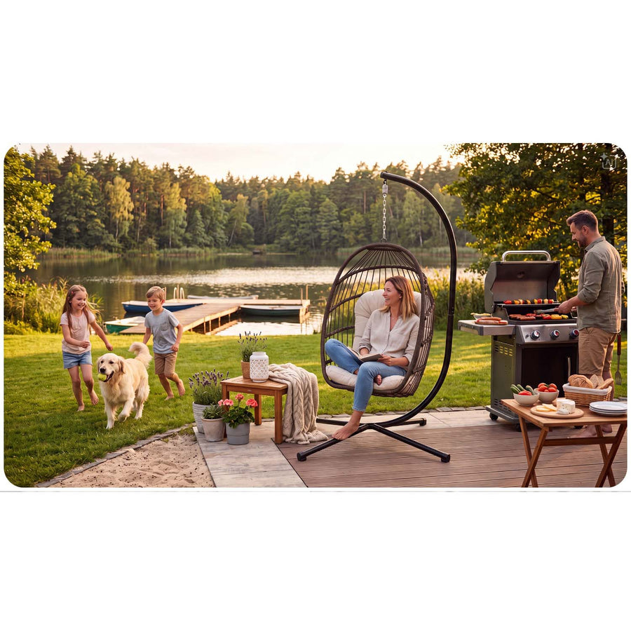 Hængestol med stel til have og terrasse, kurv 108 × 73 cm, 17 cm hynde, op til 140 kg – brun kurv, beige hynde
