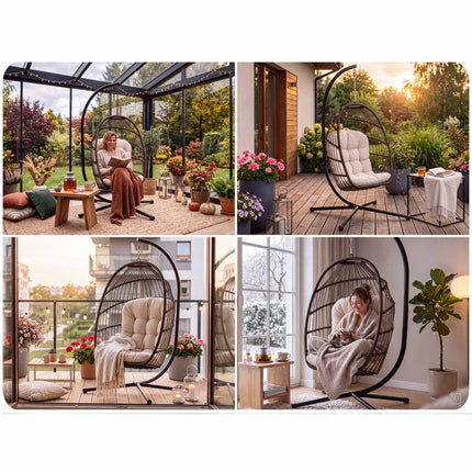 Hængestol med stel til have og terrasse, kurv 108 × 73 cm, 17 cm hynde, op til 140 kg – brun kurv, beige hynde
