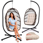 Hængestol med stel til have og terrasse, kurv 108 × 73 cm, 17 cm hynde, op til 140 kg – brun kurv, beige hynde