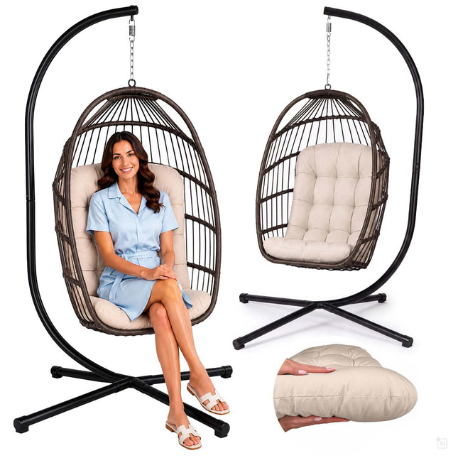 Hængestol med stel til have og terrasse, kurv 108 × 73 cm, 17 cm hynde, op til 140 kg – brun kurv, beige hynde