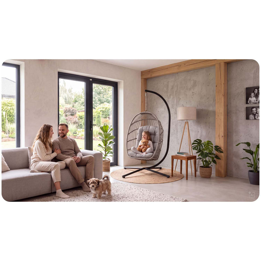 Hængestol med fritstående stativ, 17 cm tyk hynde og kurv 108 × 73 cm – bæreevne 140 kg