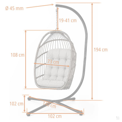 Hængestol med fritstående stativ, 17 cm tyk hynde og kurv 108 × 73 cm – bæreevne 140 kg