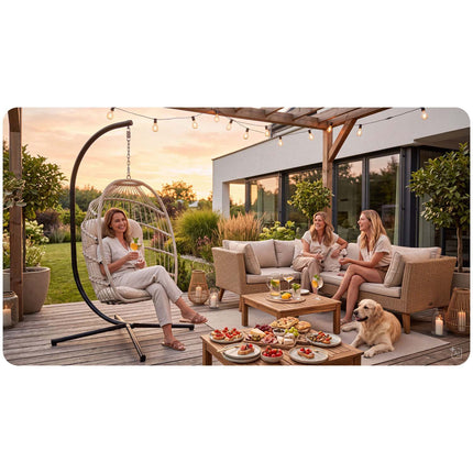 Hængestol med stel til have og terrasse, kurv 108 × 73 cm, 17 cm hynde, op til 140 kg – beige