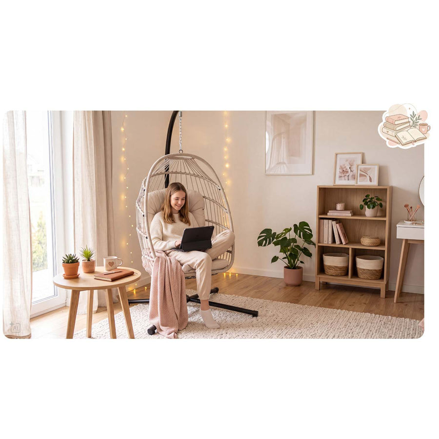 Hængestol med stel til have og terrasse, kurv 108 × 73 cm, 17 cm hynde, op til 140 kg – beige