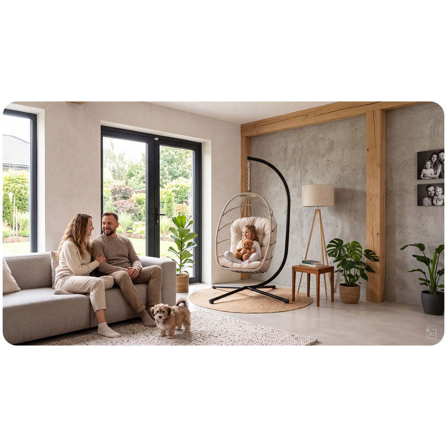 Hængestol med stel til have og terrasse, kurv 108 × 73 cm, 17 cm hynde, op til 140 kg – beige