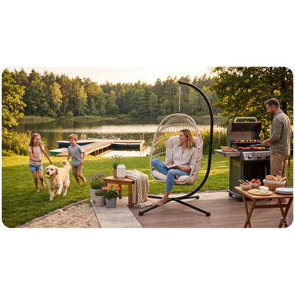 Hængestol med stel til have og terrasse, kurv 108 × 73 cm, 17 cm hynde, op til 140 kg – beige