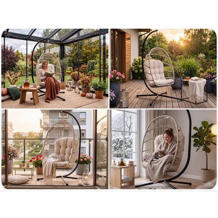Hængestol med stel til have og terrasse, kurv 108 × 73 cm, 17 cm hynde, op til 140 kg – beige