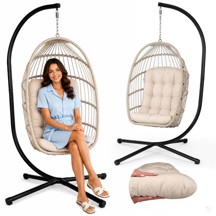 Hængestol med stel til have og terrasse, kurv 108 × 73 cm, 17 cm hynde, op til 140 kg – beige