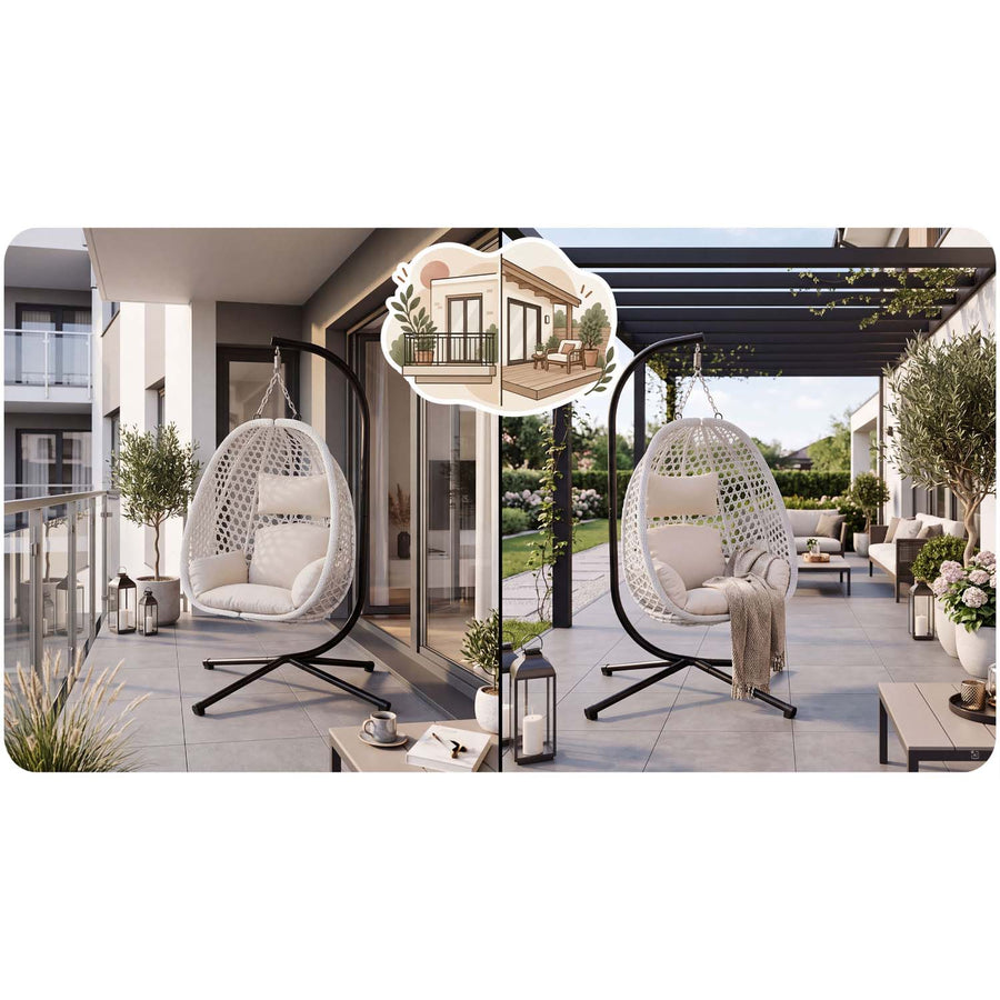 Hængestol med stel til have og terrasse, kurv 112 × 91 cm, 14 cm hynde, op til 150 kg – hvid kurv, cremefarvet hynde