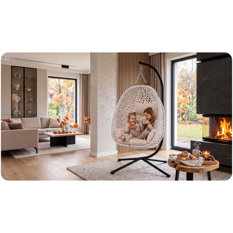 Hængestol med stel til have og terrasse, kurv 112 × 91 cm, 14 cm hynde, op til 150 kg – hvid kurv, cremefarvet hynde