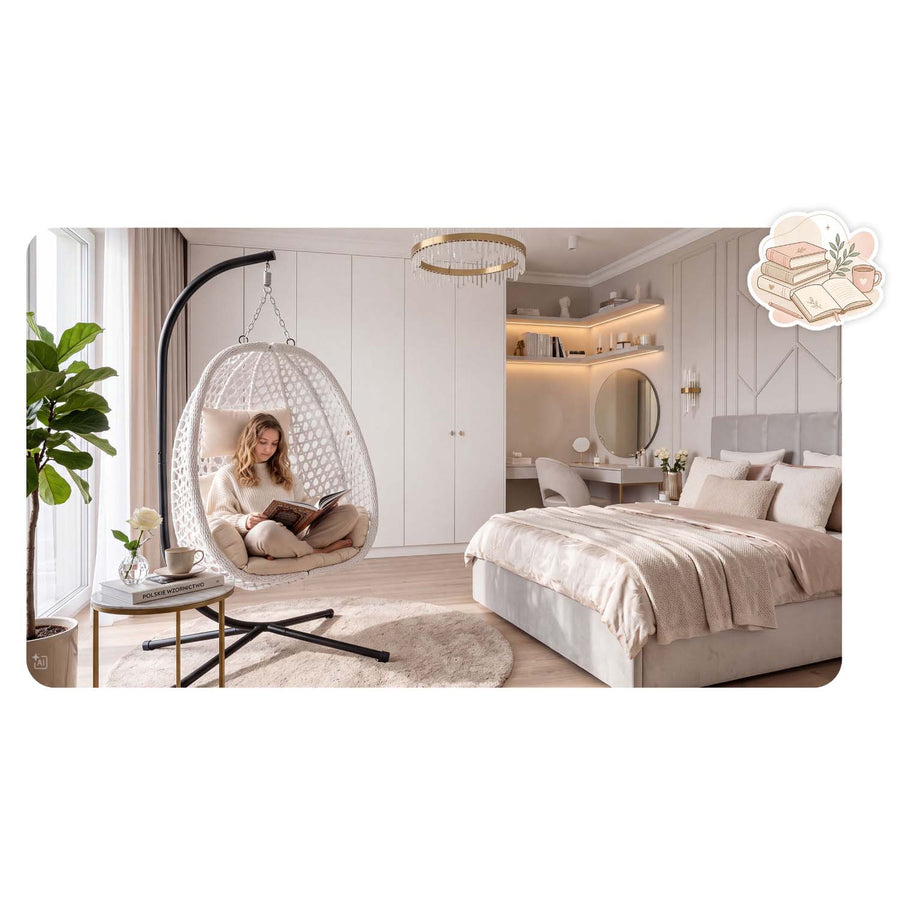 Hængestol med stel til have og terrasse, kurv 112 × 91 cm, 14 cm hynde, op til 150 kg – hvid kurv, cremefarvet hynde