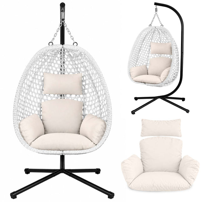 Hængestol med stel til have og terrasse, kurv 112 × 91 cm, 14 cm hynde, op til 150 kg – hvid kurv, cremefarvet hynde