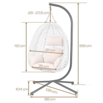 Hængestol med stel til have og terrasse, kurv 112 × 91 cm, 14 cm hynde, op til 150 kg – hvid kurv, cremefarvet hynde