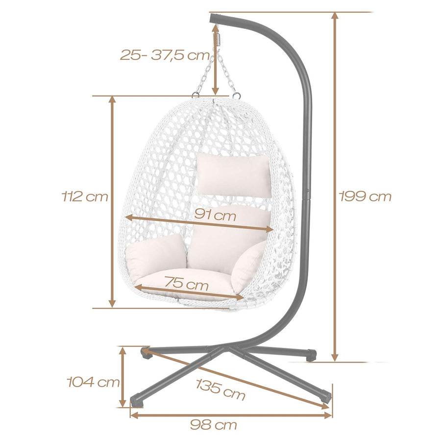 Hængestol med stel til have og terrasse, kurv 112 × 91 cm, 14 cm hynde, op til 150 kg – hvid kurv, cremefarvet hynde