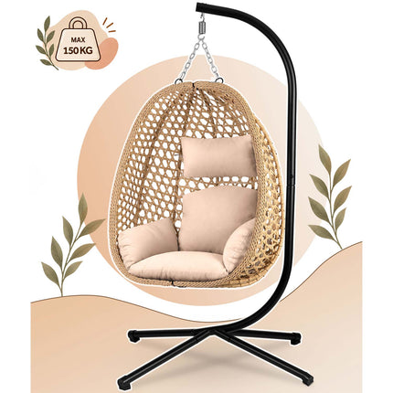 Hængestol med stel til have og terrasse, kurv 112 × 91 cm, 14 cm hynde, op til 150 kg – natur kurv, beige hynde