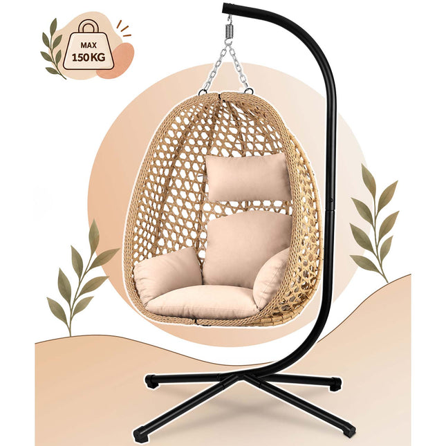 Hængestol med stel til have og terrasse, kurv 112 × 91 cm, 14 cm hynde, op til 150 kg – natur kurv, beige hynde