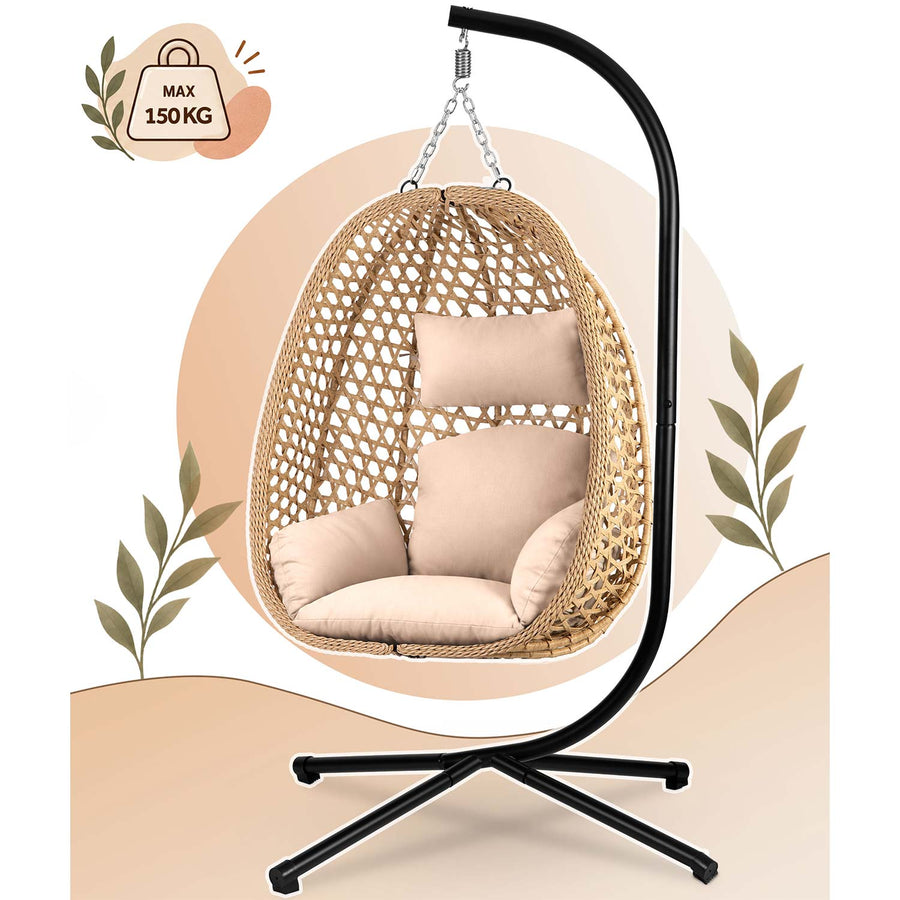 Hængestol med stel til have og terrasse, kurv 112 × 91 cm, 14 cm hynde, op til 150 kg – natur kurv, beige hynde