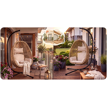 Hængestol med stel til have og terrasse, kurv 112 × 91 cm, 14 cm hynde, op til 150 kg – natur kurv, beige hynde