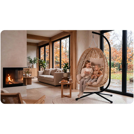 Hængestol med stel til have og terrasse, kurv 112 × 91 cm, 14 cm hynde, op til 150 kg – natur kurv, beige hynde