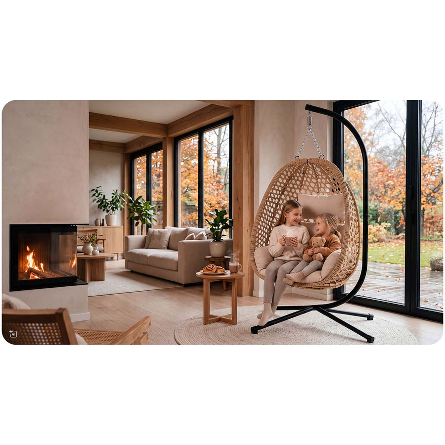 Hængestol med stel til have og terrasse, kurv 112 × 91 cm, 14 cm hynde, op til 150 kg – natur kurv, beige hynde