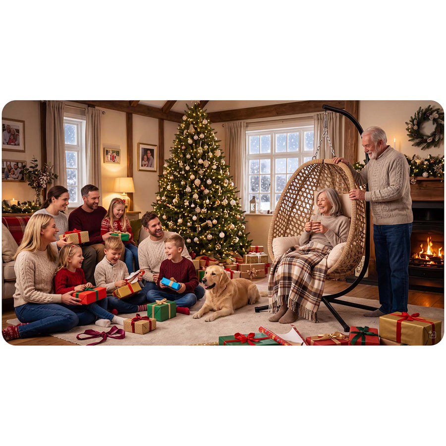 Hængestol med stel til have og terrasse, kurv 112 × 91 cm, 14 cm hynde, op til 150 kg – natur kurv, beige hynde