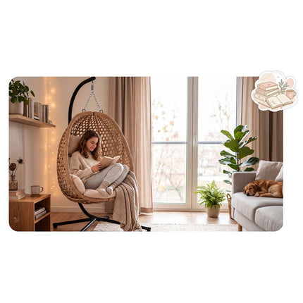 Hængestol med stel til have og terrasse, kurv 112 × 91 cm, 14 cm hynde, op til 150 kg – natur kurv, beige hynde