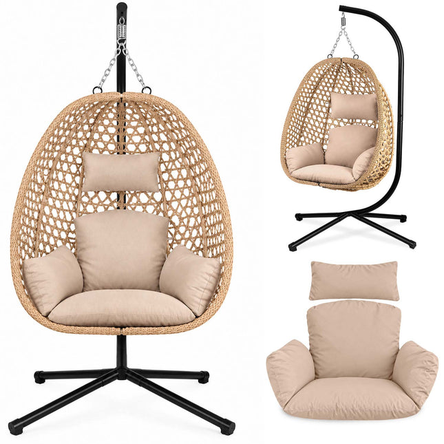 Hængestol med stel til have og terrasse, kurv 112 × 91 cm, 14 cm hynde, op til 150 kg – natur kurv, beige hynde