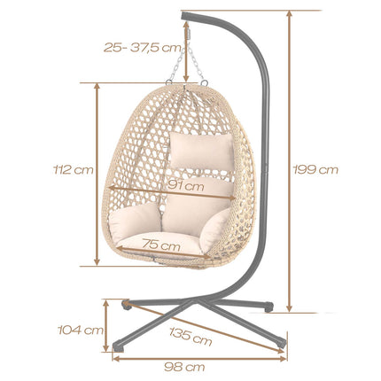 Hængestol med stel til have og terrasse, kurv 112 × 91 cm, 14 cm hynde, op til 150 kg – natur kurv, beige hynde