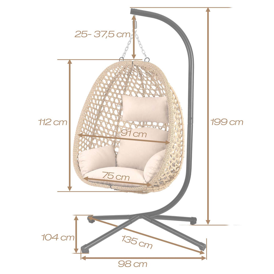Hængestol med stel til have og terrasse, kurv 112 × 91 cm, 14 cm hynde, op til 150 kg – natur kurv, beige hynde
