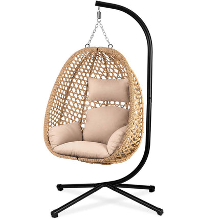 Hængestol med stel til have og terrasse, kurv 112 × 91 cm, 14 cm hynde, op til 150 kg – natur kurv, beige hynde