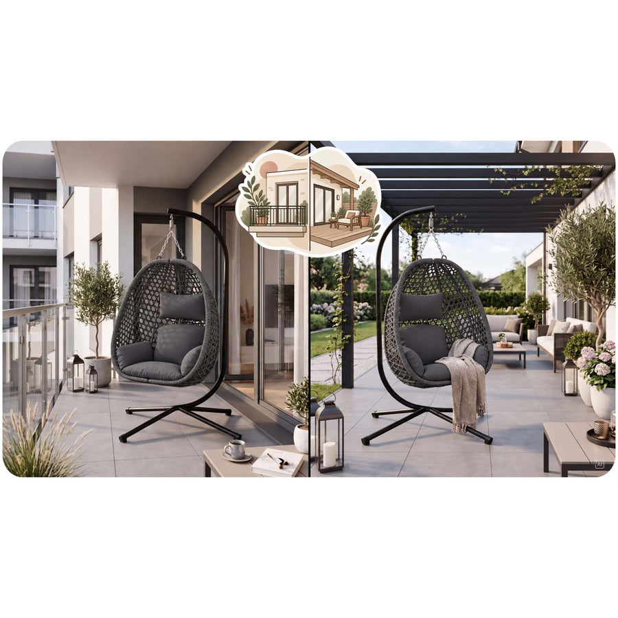 Hængestol med stel til have og terrasse, kurv 112 × 91 cm, 14 cm hynde, op til 150 kg – sort kurv, grå hynde